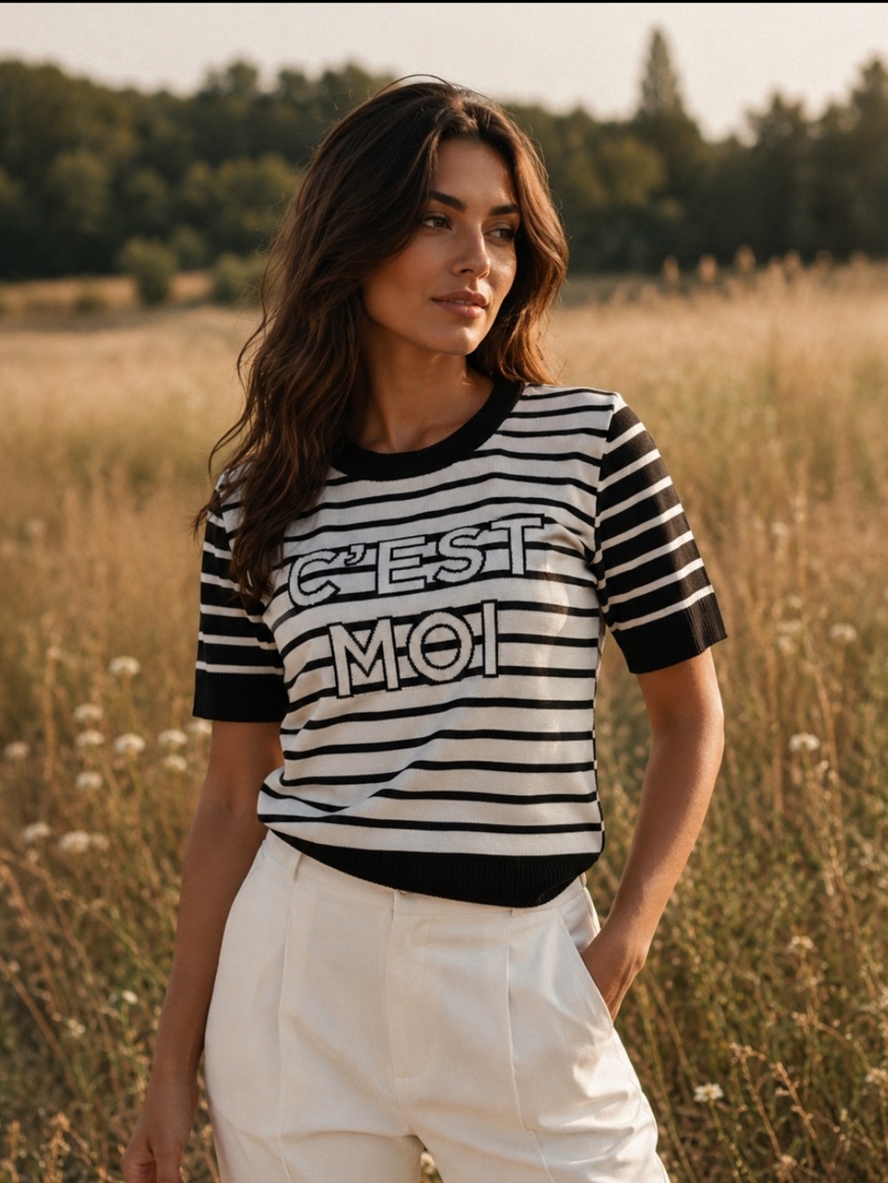 Karl Lagerfeld Paris Black and White Striped Knit Top
